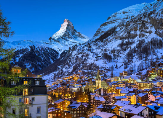 Aerial View on Zermatt Valley and Matterhorn Peak at Dawn, Switzerland