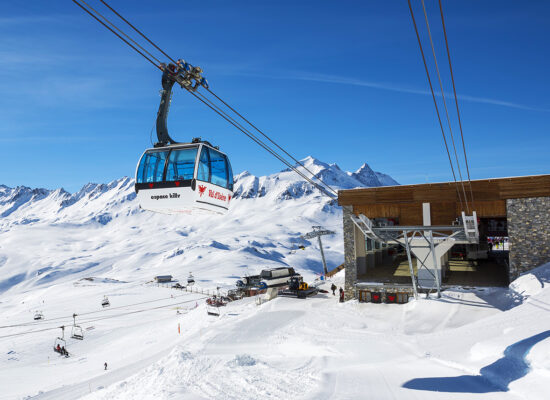 VAL D'ISERE, FRANCE - FEBRUARY 10, 2015: Famous cable way in Val d'Isere resort, part of the Espace killy ski area.