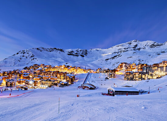 Panorama of Val Thorens by night, Alps mountains, France