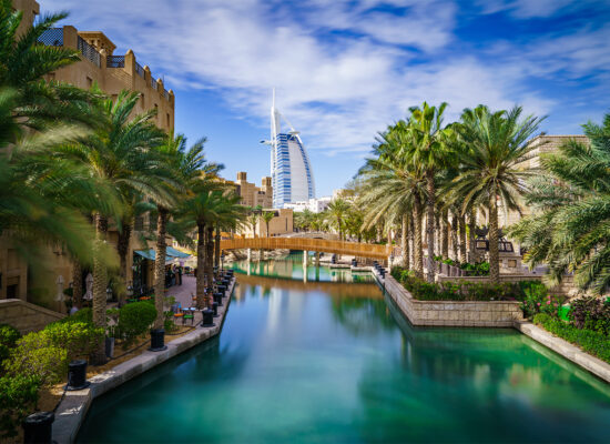 Panoramic view of water channel at Dubai's old town souk - long exposure